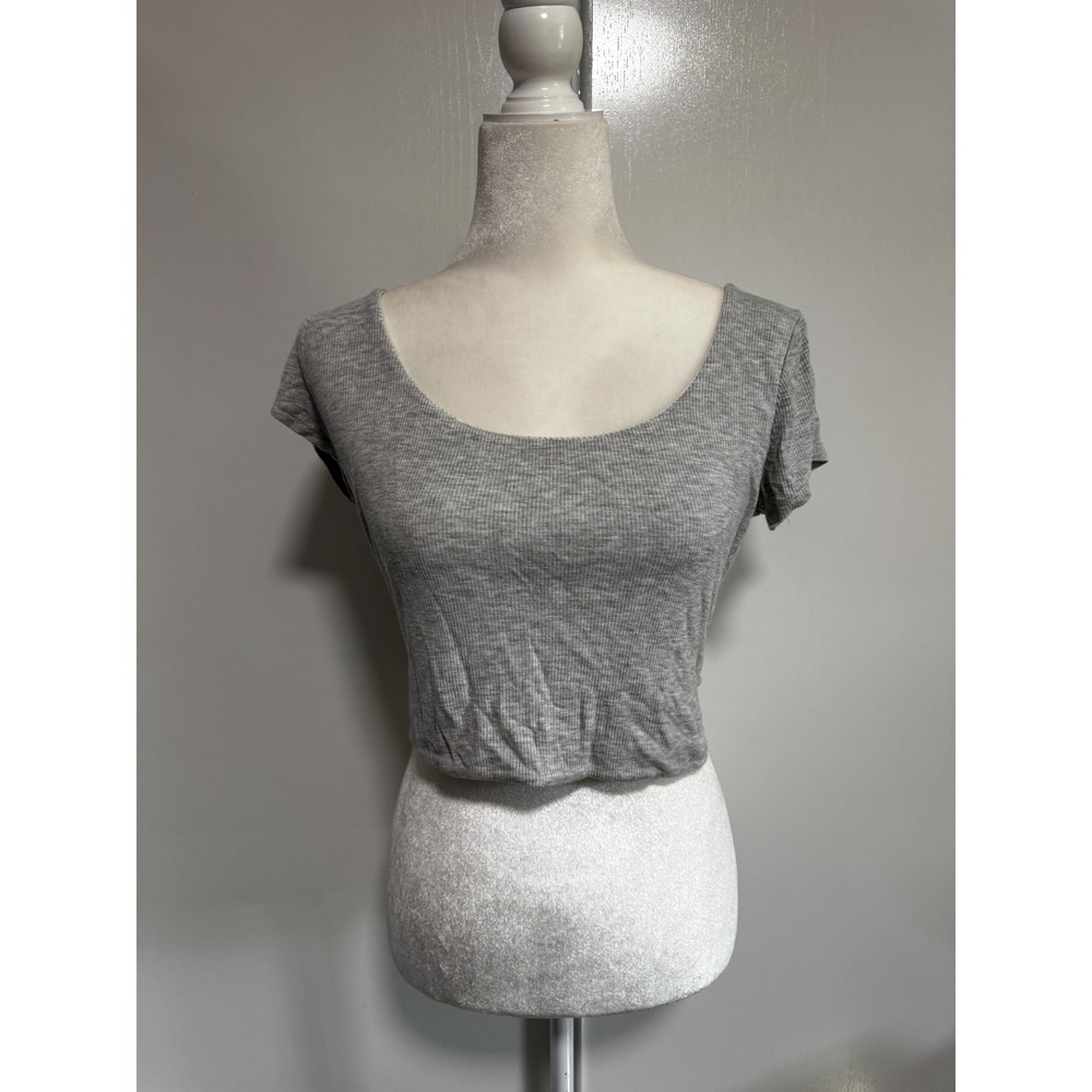 Planet Gold Womens Heather Gray Ribbed Scoop Neck Cropped T-Shirt Size M